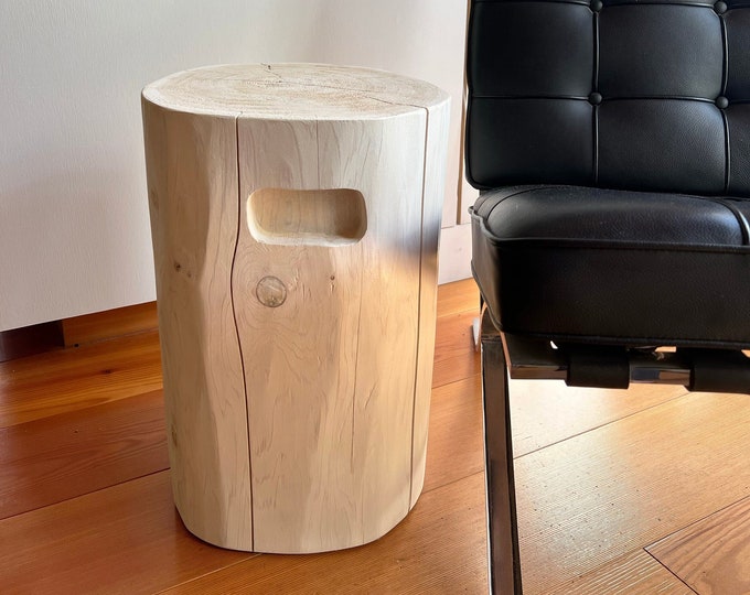 Reclaimed cedar log with handles, Stump end table, Handmade in BC, Canada by Second Life Cedar, Makers of ethical wood products