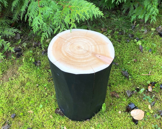Blackwash finish reclaimed cedar log, Stump end table, Handmade in BC, Canada by Second Life Cedar, Makers of ethical wood products