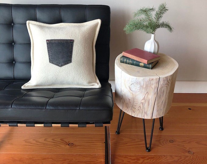 Reclaimed cedar log on metal pin legs, Stump end table, Handmade in BC, Canada by Second Life Cedar, Makers of ethical wood products