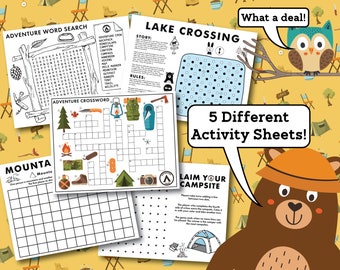 Peut inclure: Cinq feuilles d'activités imprimables en noir et blanc pour enfants sur le thème du camping. Les feuilles comprennent une recherche de mots, un mot croisé, un jeu de points à relier et un jeu. Les feuilles sont entourées d'un fond jaune avec des icônes de camping.