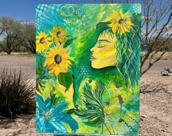 Peinture acrylique originale jaune et verte | « Dame de la forêt » |