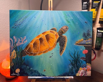 Pintura acrílica original, tortuga marina, arrecifes de coral, arte de la vida marina submarina.