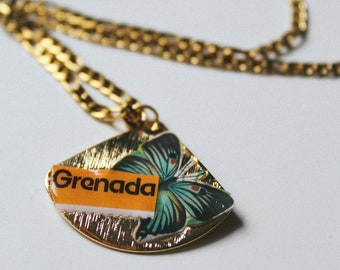 Grenada Necklace | Vintage Stamp Collage Grenada Butterfly Gold Necklace | Handmade | Caribbean Necklace