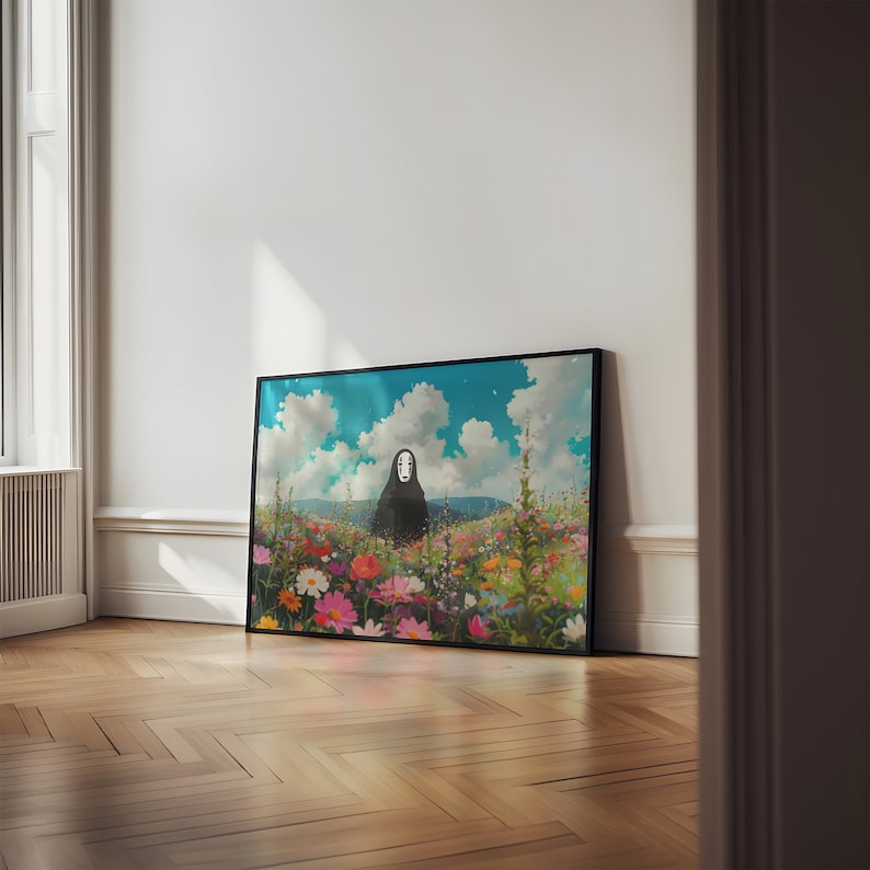 May include: A black and white illustration of a faceless figure standing in a field of colorful flowers against a blue sky with white clouds.