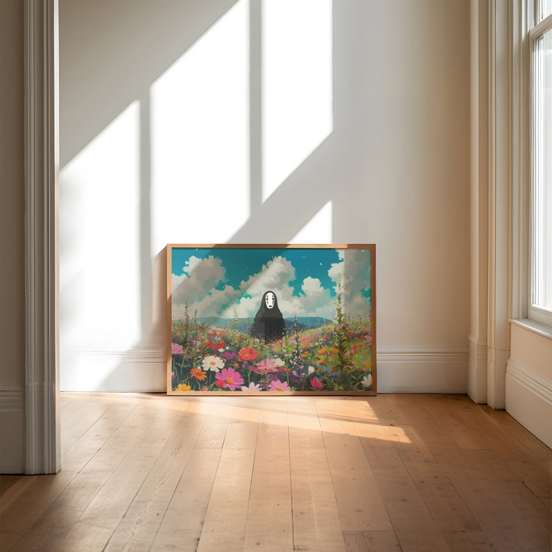 May include: A framed print of a black and white character with a blank face standing in a field of colorful flowers. The background is a blue sky with white clouds.