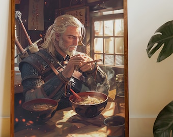 Póster de The Witcher, arte de Geralt de Rivia, decoración de dormitorio gamer, impresión digital de ramen