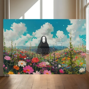 May include: A digital illustration of a faceless figure with a black robe standing in a field of colorful flowers against a blue sky with white clouds. The figure has a white mask with a black outline. The figure is standing in the middle of the field, with flowers in the foreground and background.