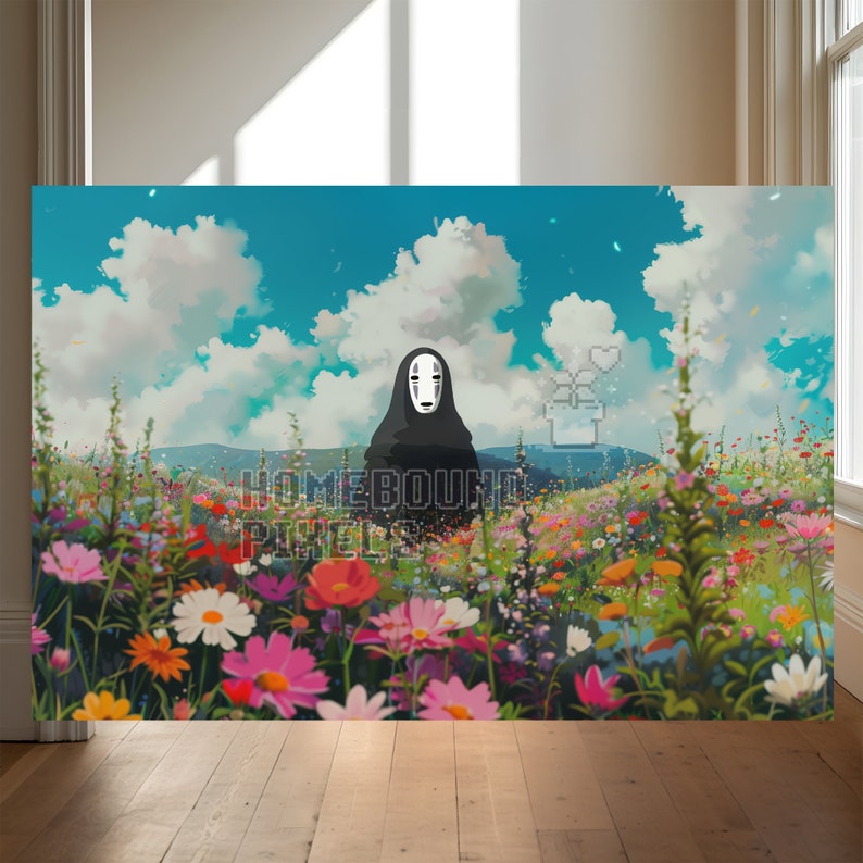 May include: A digital illustration of a faceless figure with a black robe standing in a field of colorful flowers against a blue sky with white clouds. The figure has a white mask with a black outline. The figure is standing in the middle of the field, with flowers in the foreground and background.