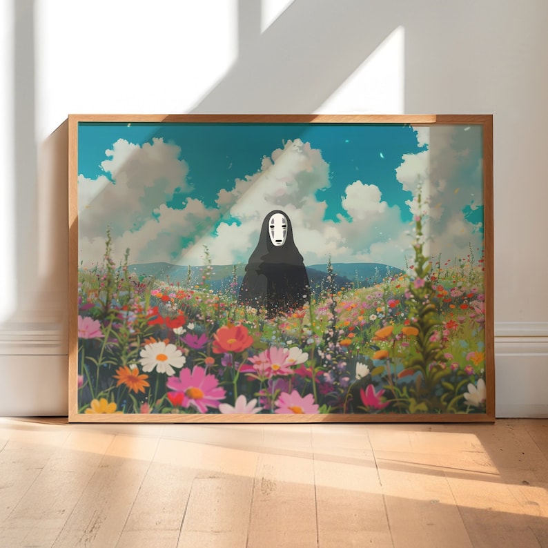 May include: A framed print of a black and white character with a blank face standing in a field of colorful flowers against a blue sky with white clouds.
