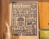 How to Survive Capitalism | Lino Print on Recycled Card