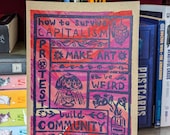 How to Survive Capitalism | Lino Print on Hand-painted Watercolour Recycled Card