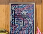 How to Survive Capitalism | Lino Print on Hand-painted Watercolour Recycled Card