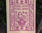 Rebel, Resist, Rest, Repeat | Non-binary Mermaid in a Mug Lino Print