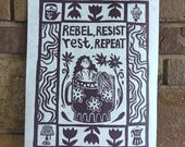 Rebel, Resist, Rest, Repeat | Non-binary Mermaid in a Mug Lino Print on Rice Paper