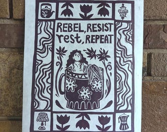 Rebel, Resist, Rest, Repeat | Non-binary Mermaid in a Mug Lino Print on Rice Paper