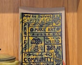 How to Survive Capitalism | Lino Print on Hand-painted Watercolour Recycled Card