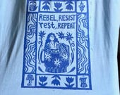Non-binary Mermaid Resting, Rebelling, Resisting | Block Printed Thrifted T-shirt