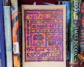 How to Survive Capitalism | Lino Print on Hand-painted Watercolour Recycled Card