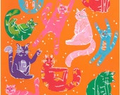 Cute Cats Handmade Print | Bright Orange