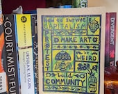 How to Survive Capitalism | Lino Print on Hand-painted Watercolour Recycled Card