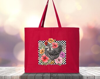 Wildflower Chicken Tote Bag, Cottagecore Bag, Ladies Chicken Lover Bag, Chicken Mom Tee, Mothers Day Bag, Farmer Gift
