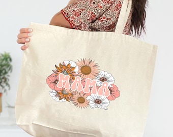Mama Flower Tote Bag , Mama Tote Bag, Mama Bag, Mother's Day Tote Bag, Mama Tote Bag, Retro Mam Tote
