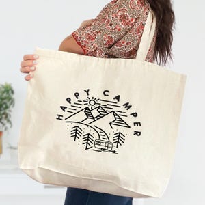 Happy Camper Tote Bag, Camping Hiking Travel Bag, Camp Life Bag, Caravan Life Nature Lover Bag, Fishing Hunting Cooking Bag