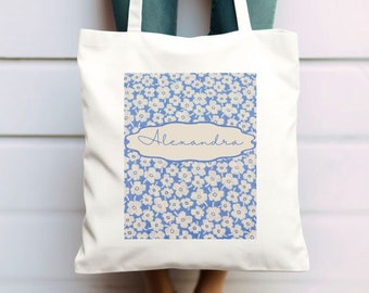 Custom Daisy Tote Bag, Daisy Tote,  Custom Tote, Aesthetic Tote Bag, Floral Tote Bag,  Blue Daisy Tote Bag, Daisy Lover, Cute Daisy Tote Bag