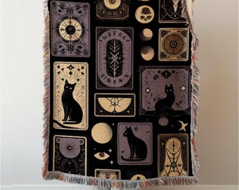 Gothic Tapestry, Black Cat Woven Blanket, Cotton Witchy Throw, Whimsigothic Decor
