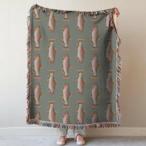 Fishing Woven Blanket, Fisherman Gift Throw, Rainbow Trout Fishing Tapestry, Great Lakes Fish Holiday Decor, Fathers Day Gift for Him