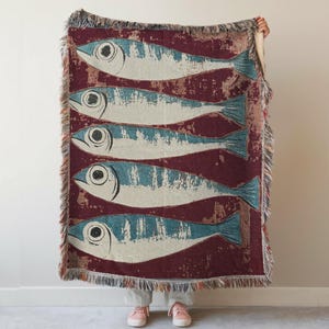 Sardines Woven Blanket: Fish Tapestry Throw, Coastal Beach House Decor