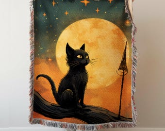 Black Cat Woven Throw Blanket: Cat Lover Gift, Halloween Tapestry Home Decor