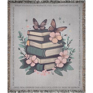 Custom blanket book, personalized bookish woven blanket gift for book lover or librarian, bookclub readers blanket, cottagecore flowers gift