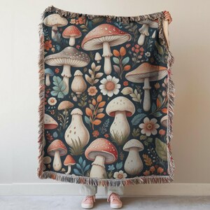 Woven Mushroom Blanket: Cottagecore Picnic Tapestry, Woodlands Gift