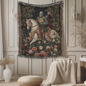 Medieval Tapestry: Dark Academia Fantasy Knight Woven Blanket, Gothic