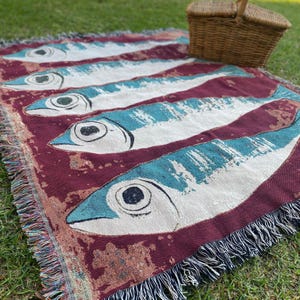 Sardines Woven Blanket – Fish Tapestry Throw, Coastal Beach House Decor, Fisherman Gift, Nautical Picnic Blanket, Lake Cabin Aesthetic