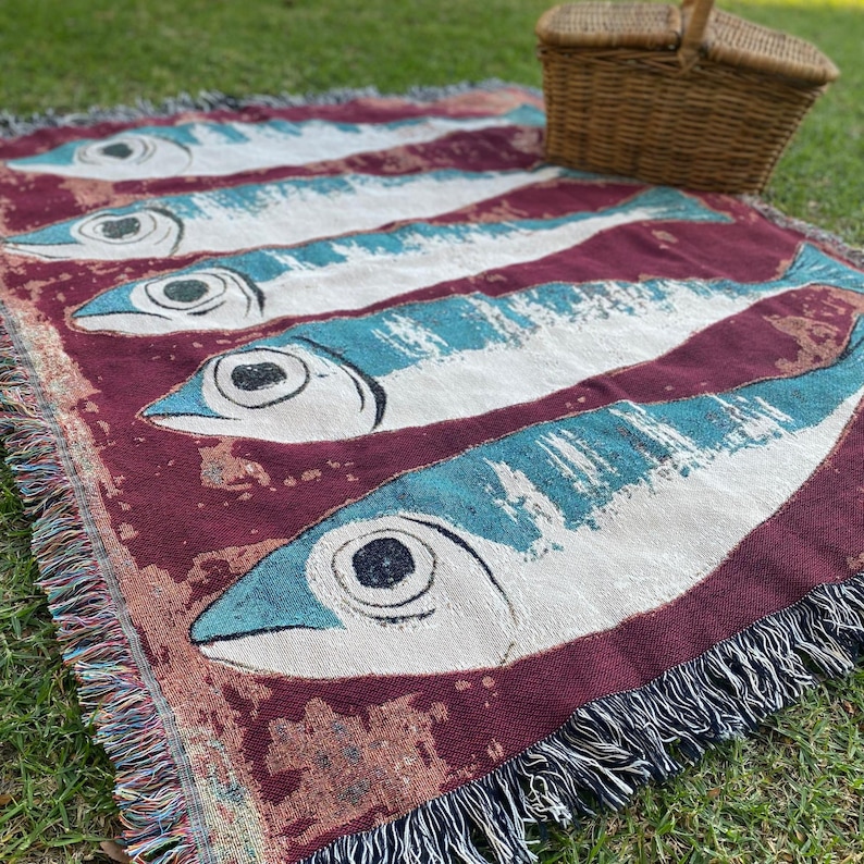 Sardines Woven Blanket – Fish Tapestry Throw, Coastal Beach House Decor, Fisherman Gift, Nautical Picnic Blanket, Lake Cabin Aesthetic