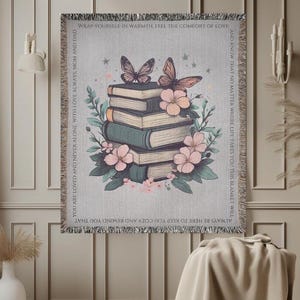 Custom blanket book, personalized bookish woven blanket gift for book lover or librarian, bookclub readers blanket, cottagecore flowers gift