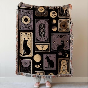 Gothic Tapestry, Black Cat Woven Blanket, Dark Academia Decor, Cotton Tarot Witchy Throw