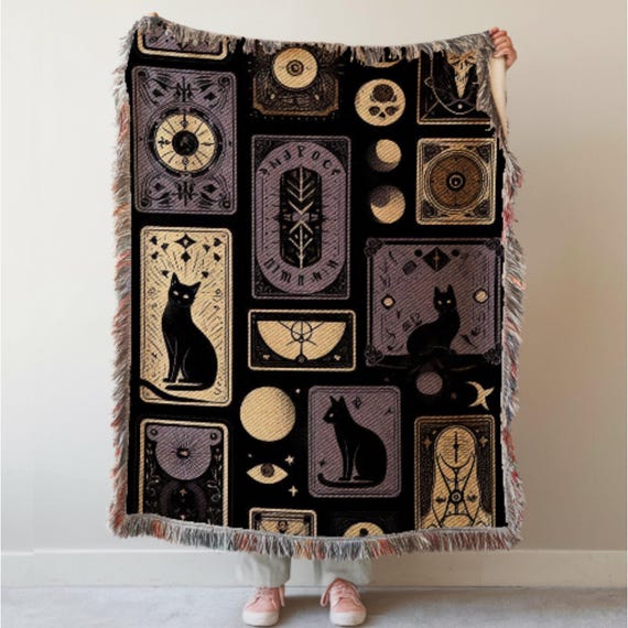Gothic Tapestry, Black Cat Woven Blanket, Dark Academia Decor, Cotton Tarot Witchy Throw