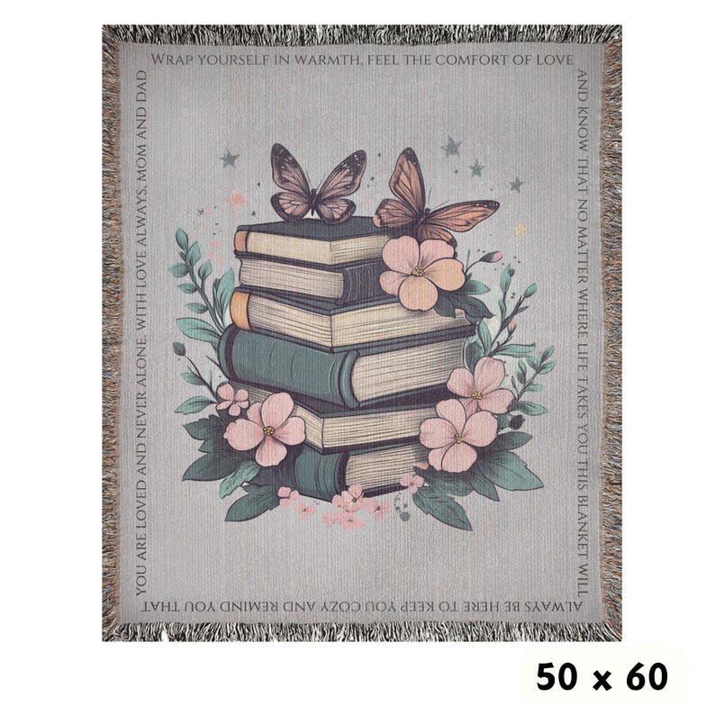 Custom blanket book, personalized bookish woven blanket gift for book lover or librarian, bookclub readers blanket, cottagecore flowers gift