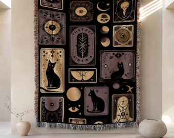 Goth Tapestry Blanket, Black Cat Gifts, Witch Woven Throw