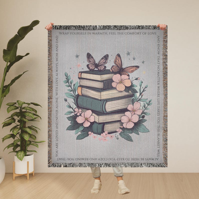 Custom blanket book, personalized bookish woven blanket gift for book lover or librarian, bookclub readers blanket, cottagecore flowers gift