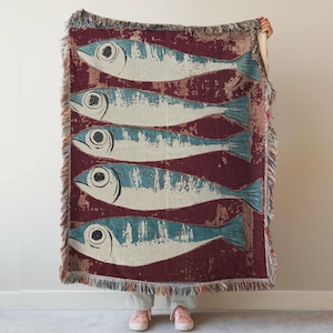 Sardines Woven Throw Blanket: Coastal Lake House Decor