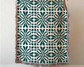 Teal Abstract Floral Woven Cotton Throw Blanket, Tapestry Home Decor