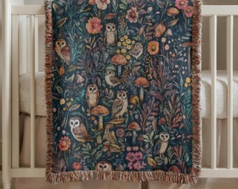 Owl Baby Blanket Nursery Decor: Woodland Whimsy Cotton Woven Throw