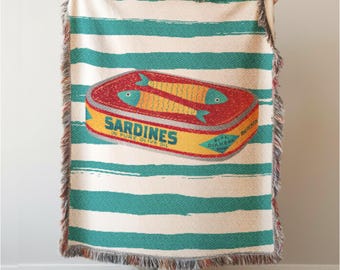 Sardines Woven Blanket: Fish Tapestry Throw, Beach House Decor