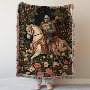 Woven Knight Tapestry Blanket: Medieval Gothic Decor Throw