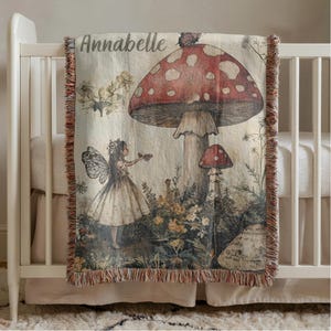 Personalized fairy baby blanket, fairycore woven blanket gift for baby shower, baby girl blanket newborn gift, mushrooms fairy garden