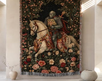 Fantasy Knight Woven Blanket, Medieval Tapestry Throw, BookTok Decor, Castlecore Home Decor, Fantasy Reader Gift